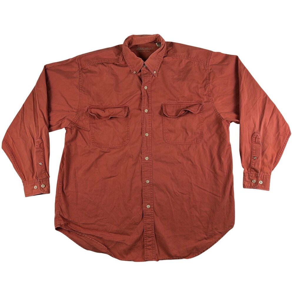 Vtg Eddie Bauer Shirt Mens Medium Orange Twill Long Sleeve Button Front Casual